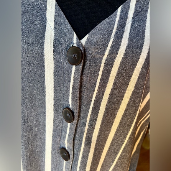 Mahina Blue and White Striped Button Up V - Neck Sleeveless Dress - Picture 4 of 8